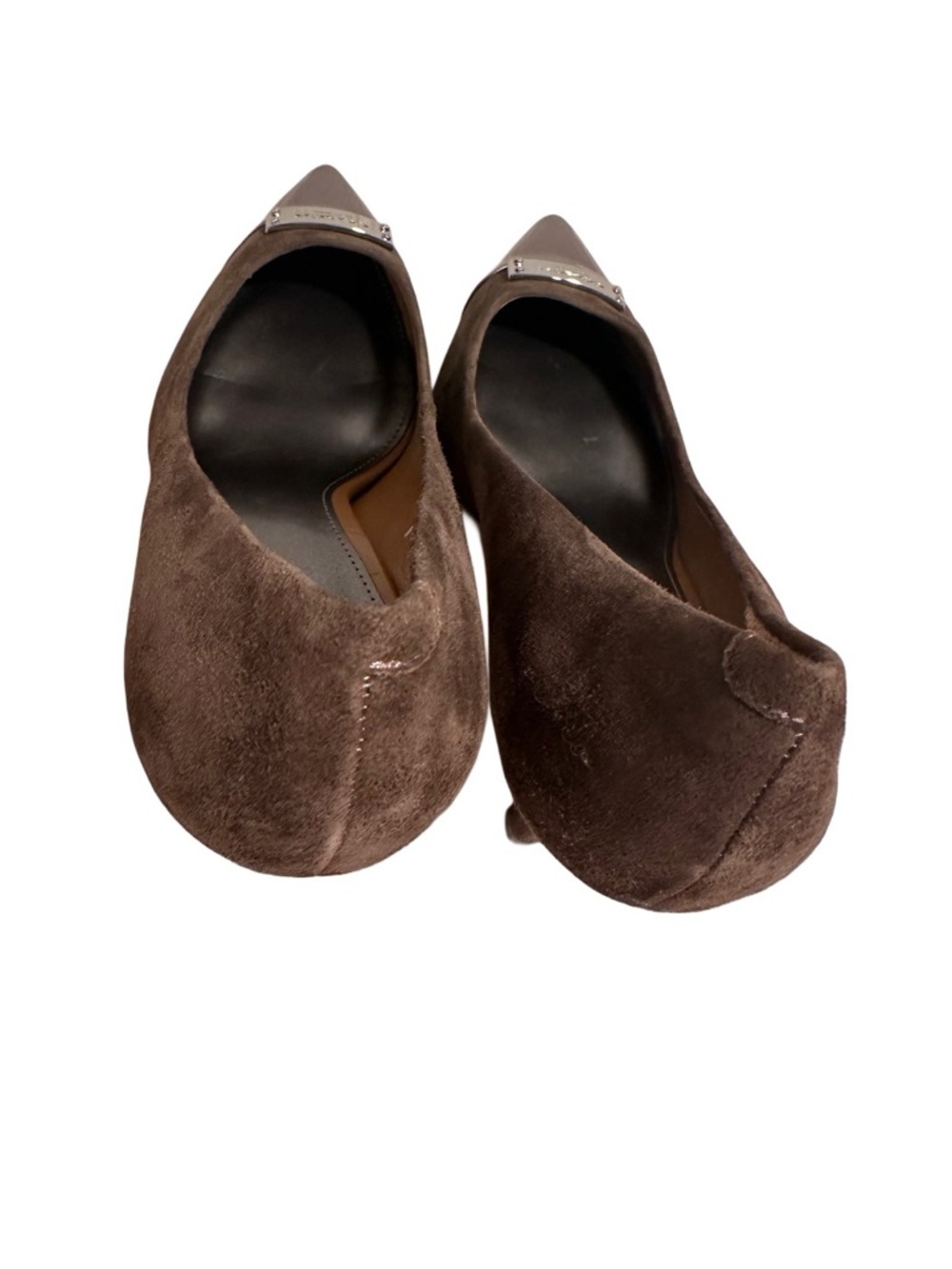 COACH Zan Brown Suede Metallic Cap Toe Pointed Pumps Heels Silver - Size 9B GUC - Picture 12 of 17